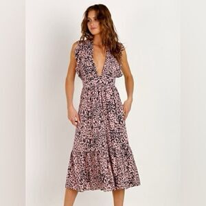 Stillwater Jessie Plunge V Neck Ruffle Midi Dress in Pebbles Pink Sz XS